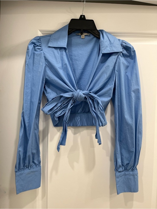 Papaya Tops - Papaya Sky Blue Tie-Front Puff Sleeve Crop Top